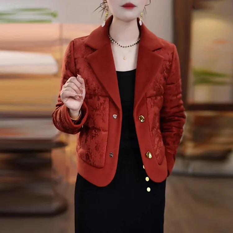 提花缎加厚保暖小棉袄2025秋冬季新款红色棉服时尚短款棉衣外套女