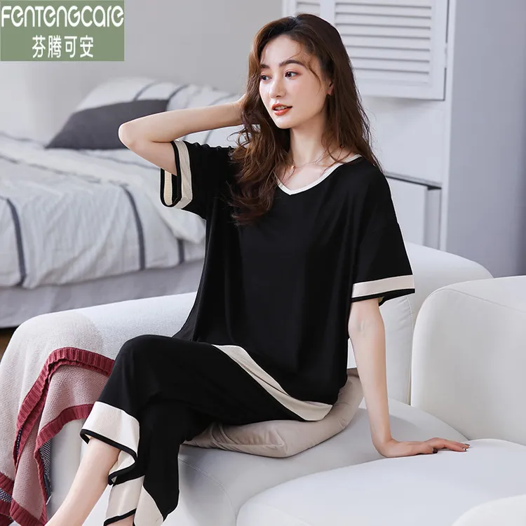 芬腾可安胖妹妹睡衣女士夏季莫代尔冰丝薄款短袖七分裤大码家居服