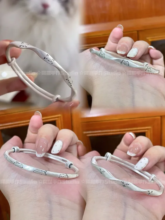 足银手镯 足银999.9笑脸猫咪笑脸小狗古法纯银手镯手工百搭磨砂