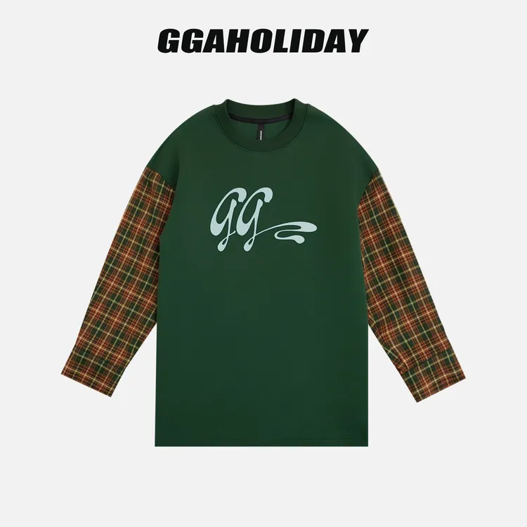 GGAHOLIDAY复古休闲宽松时尚潮流格子拼接撞色显瘦长袖卫衣153125