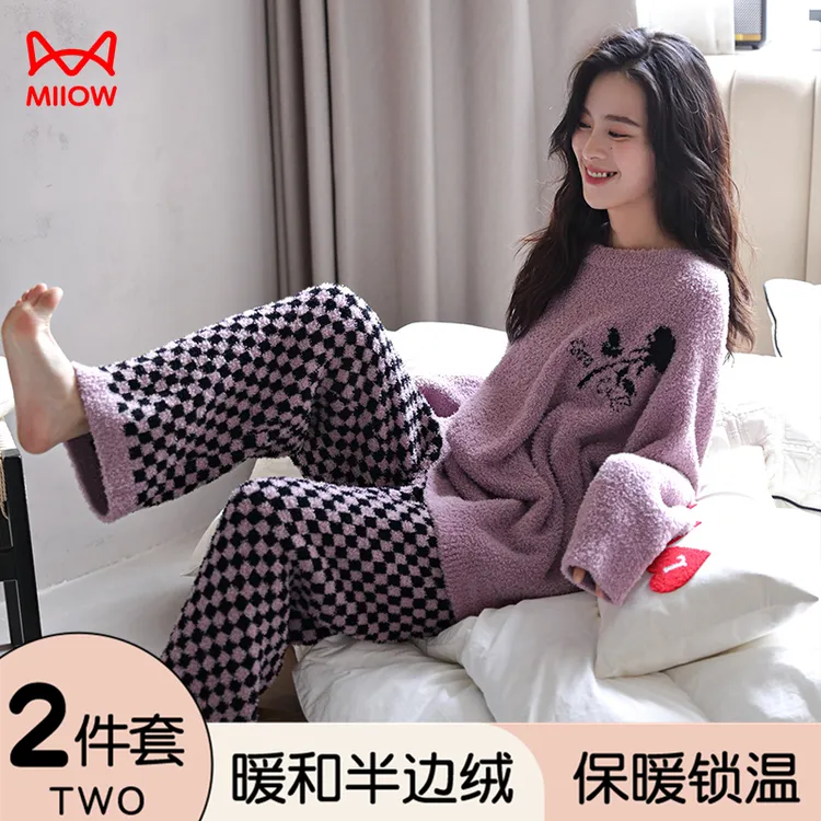 猫人睡衣女士秋冬珊瑚绒半边绒加厚毛衣2025年新款家居服保暖套装