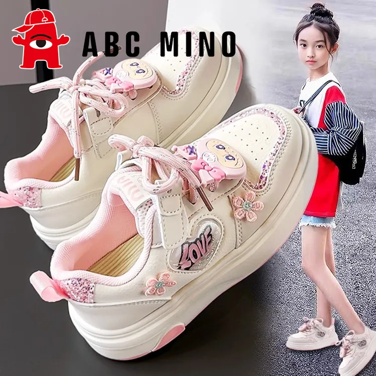 ABC MINO女童鞋板鞋秋季2025新款儿童软底防滑运动小白鞋女孩皮面