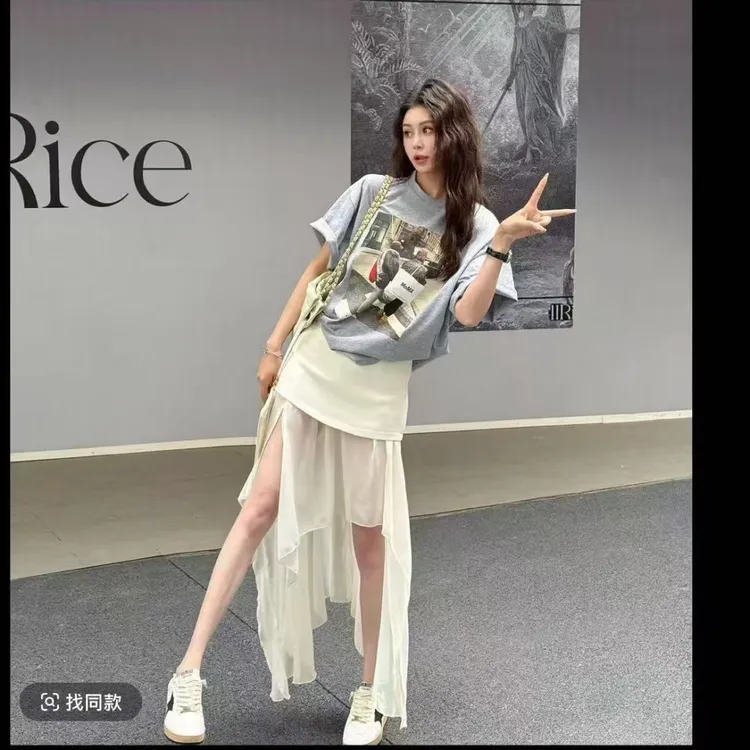 显瘦时尚套装依美丁西装裙边拼接不规则纱裙裤短袖洋气休闲两件套