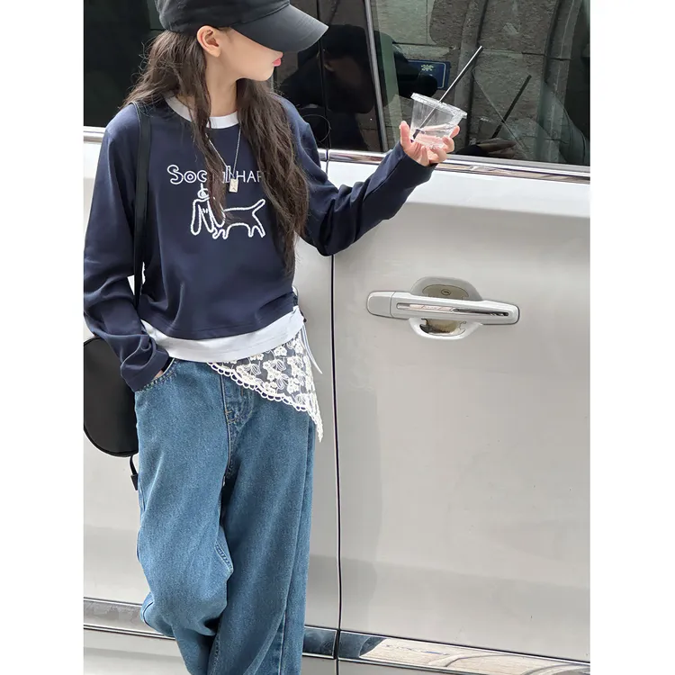 K29512孙小美韩系女童长袖T恤秋装儿童上衣2025新款春秋大童打底