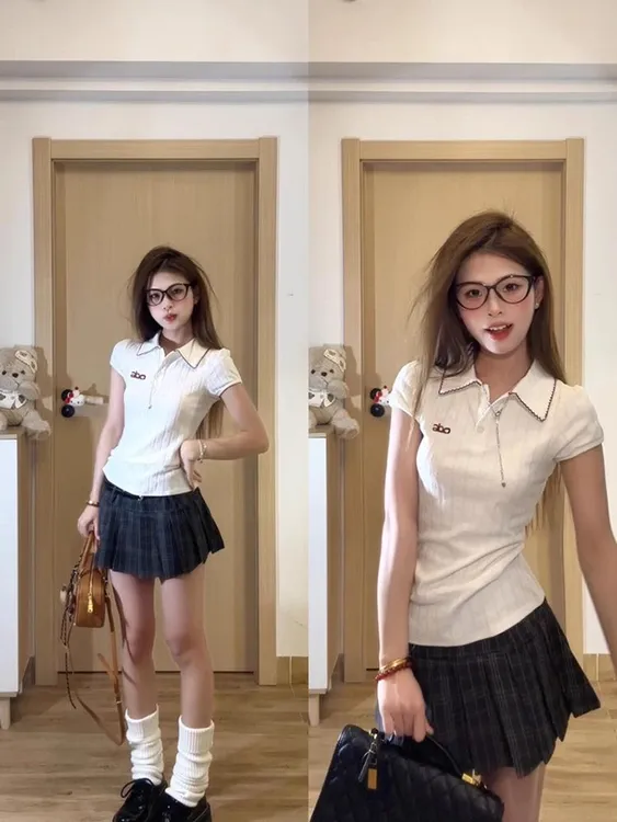 【93%棉7%弹力氨纶】夏季短袖v领修身显瘦白色学院风学生纯欲辣妹ol