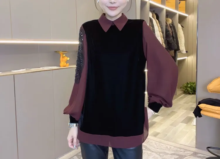 大码洋气翻领拼接气质减龄宽松百搭时尚休闲长袖显瘦大版衫