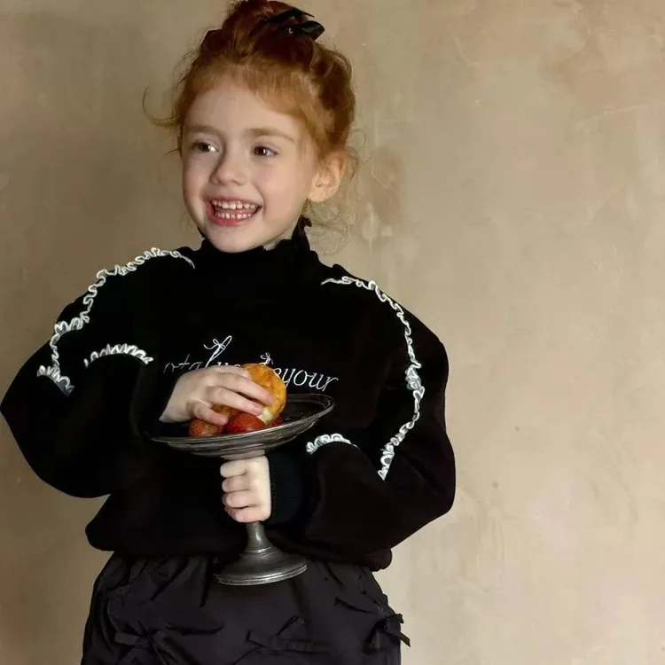 2025冬春季童装儿童新款加绒花边卫衣女童韩版套头加厚卫衣上衣