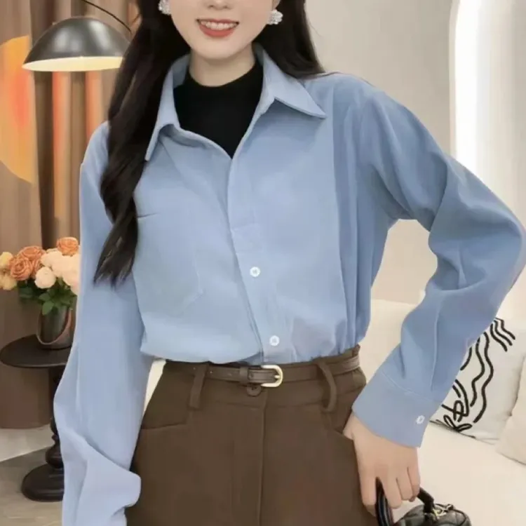 【送运费险】秋冬半高领拼接假两件长袖衬衫女宽松叠穿通勤衬衣772
