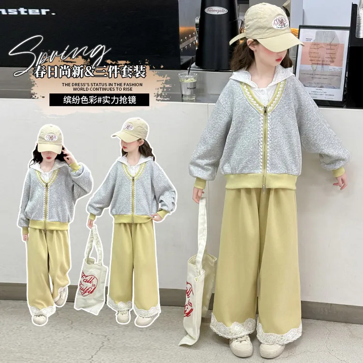 春秋女童套装春季2025新款中大童打底衫外套休闲裤三件套女孩洋气