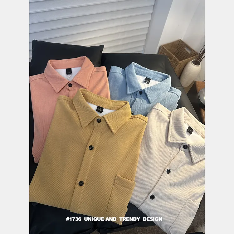 秋季保暖灯芯绒纯色衬衫秋冬加绒加厚宽松设计感韩版长袖衬衫厚款