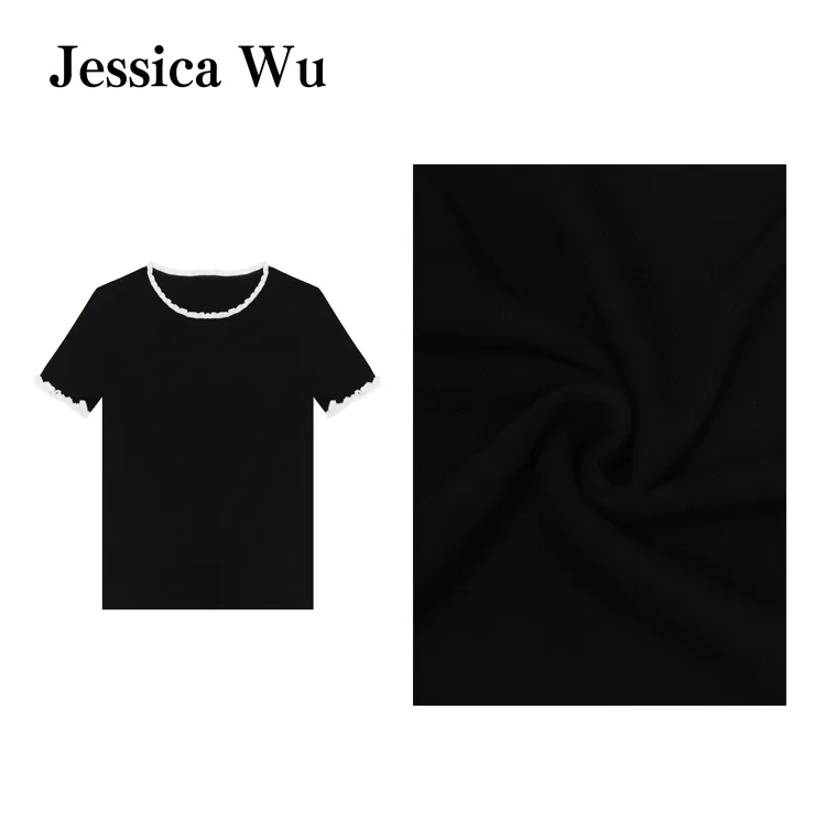 JESSICA WU去繁从简~法式优雅撞色木耳边16针细坑条显瘦针织短袖
