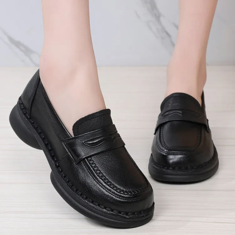 真皮休闲乐福鞋女春秋圆头厚底软底中老年单鞋老人皮鞋妈妈鞋中年