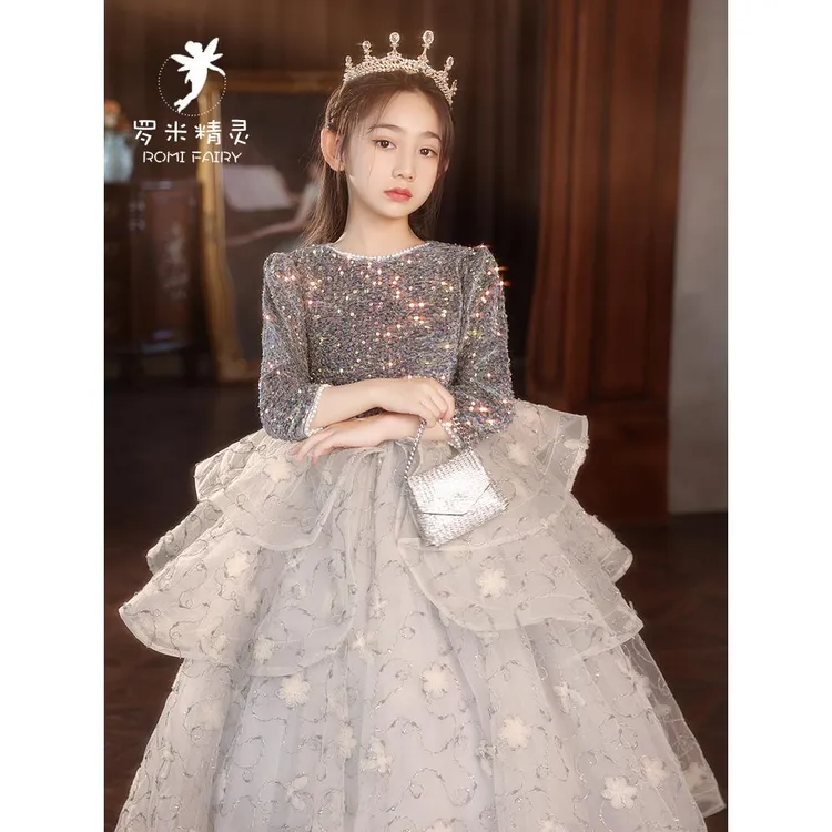 万达撤柜女童亮片婚礼主持人礼服高级绝美公主裙钢12岁女童晚礼服