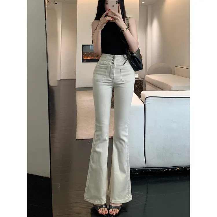 弹力提臀排扣微喇牛仔裤女2025早秋新款高腰紧身显瘦长腿气质长裤