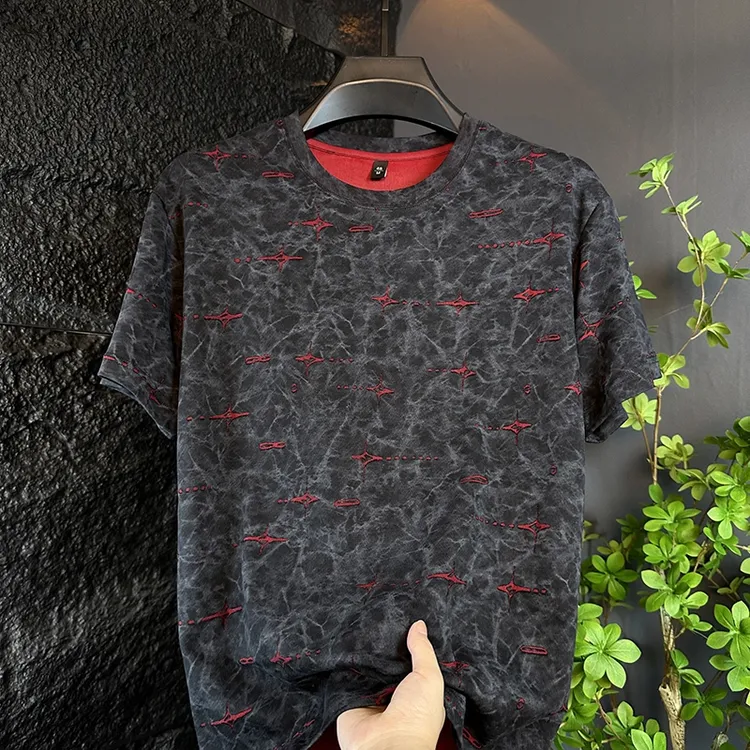 轻奢圆领男士短袖T恤休闲宽松时尚休闲扎染薄款体恤男夏季新款潮T