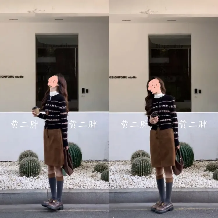 冰岛花色短款休闲毛衣开衫女韩系费尔岛小狗提花针织上衣+半身裙