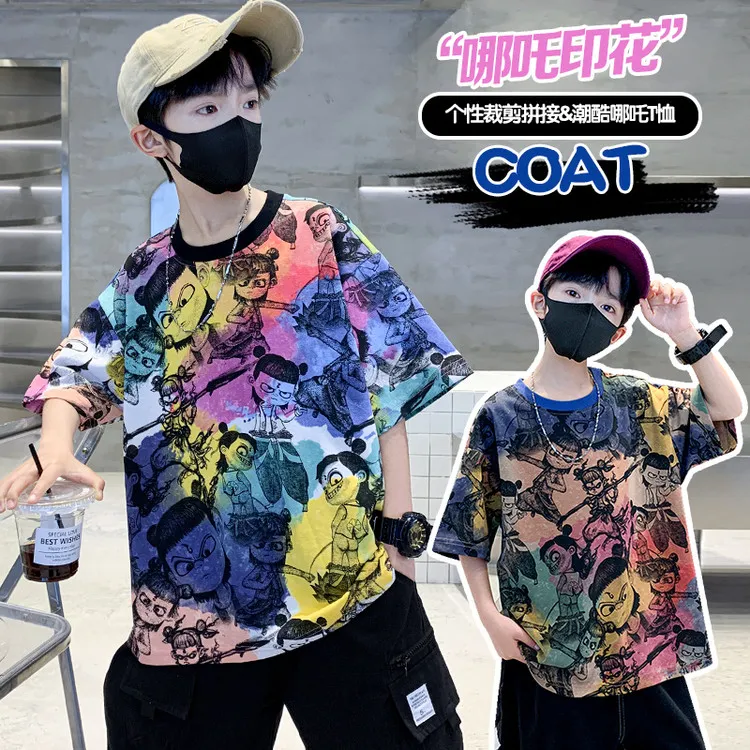 男童中大童韩版夏季卡通印花哪吒时尚潮酷T恤男孩帅气炸街t恤
