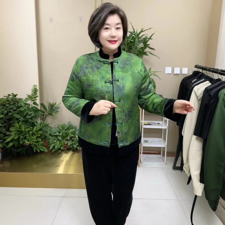 新中式妈妈冬季丝绒拼接洋气中老年夹棉加厚保暖冬季国风唐装棉服