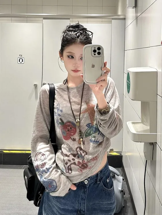 慵懒风卡通涂鸦印花长袖T恤罩衫女夏季显瘦薄款防晒衫上衣