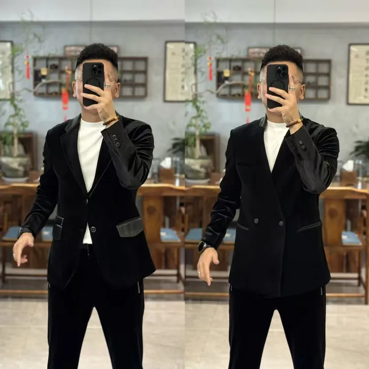 99119欧货秋季高定高品翻领单排扣拼羊皮男士丝绒西服