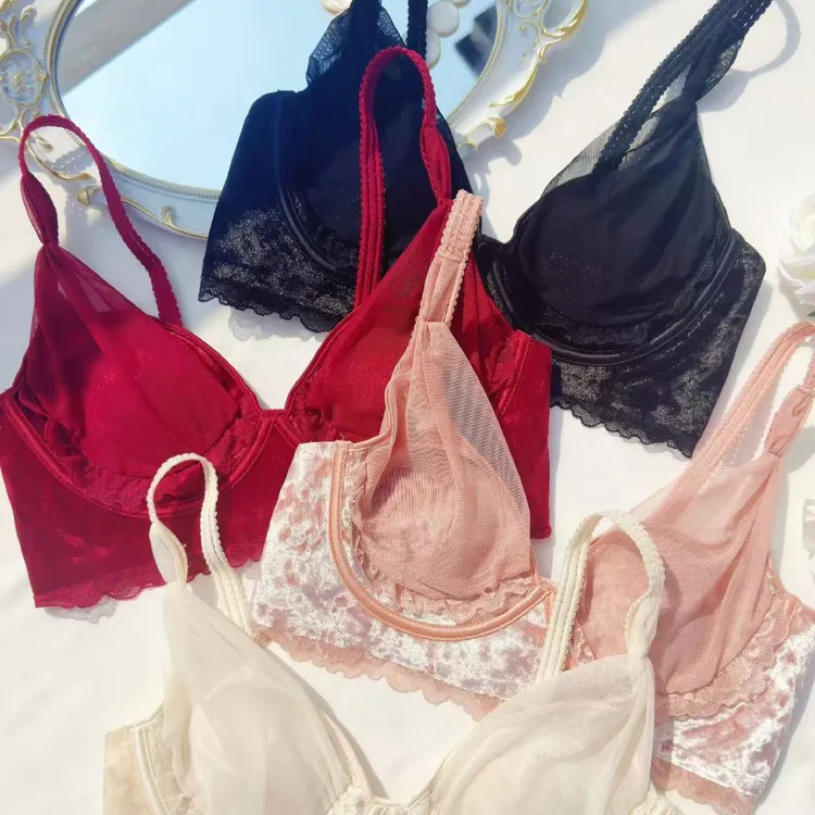 丝绒内衣女超薄法式大胸显小无钢圈收副乳防凸点轻奢文胸套装