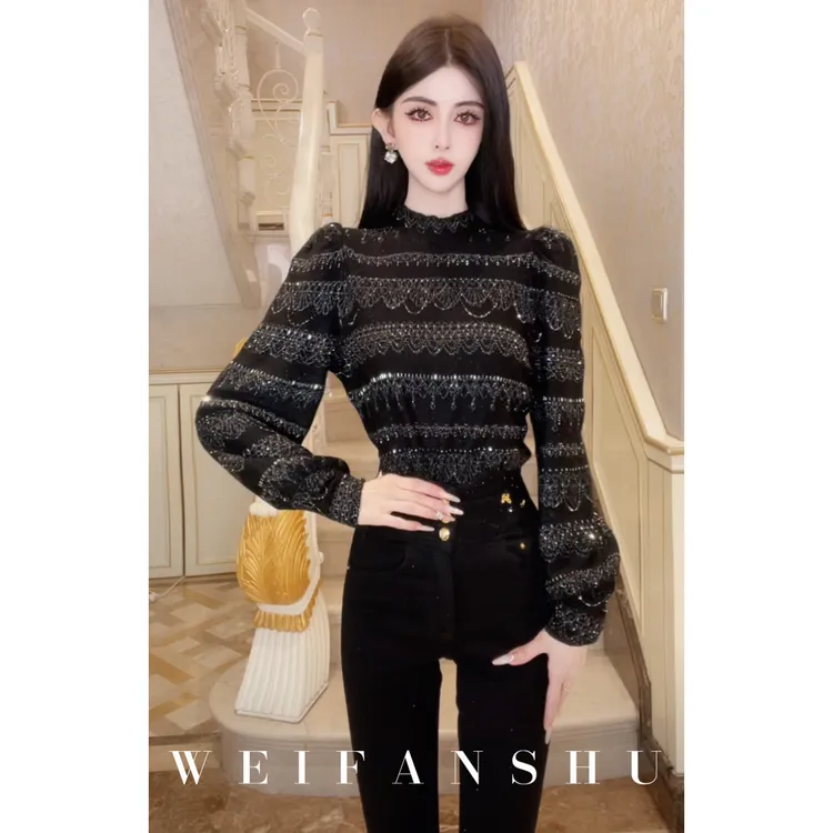 WEIFANSHU/魏凡舒【极光萤火】秋冬新款设计感显瘦烫钻内搭羊毛毛衣