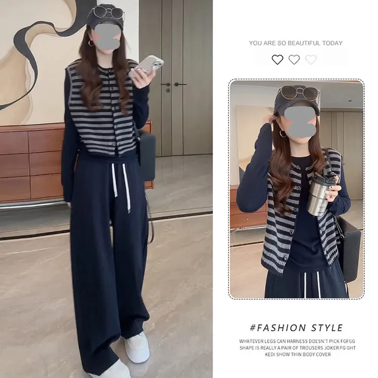韩系外搭条纹针织背心马甲时髦洋气上衣套装女秋季新款时尚两件套