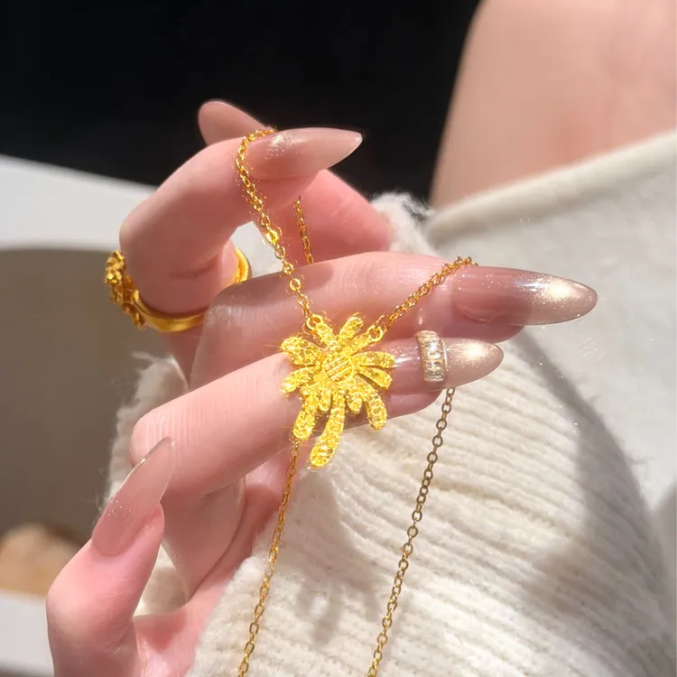 铜合金项链 小雏菊太阳花锁骨链  新中式时尚亮闪太阳花项链