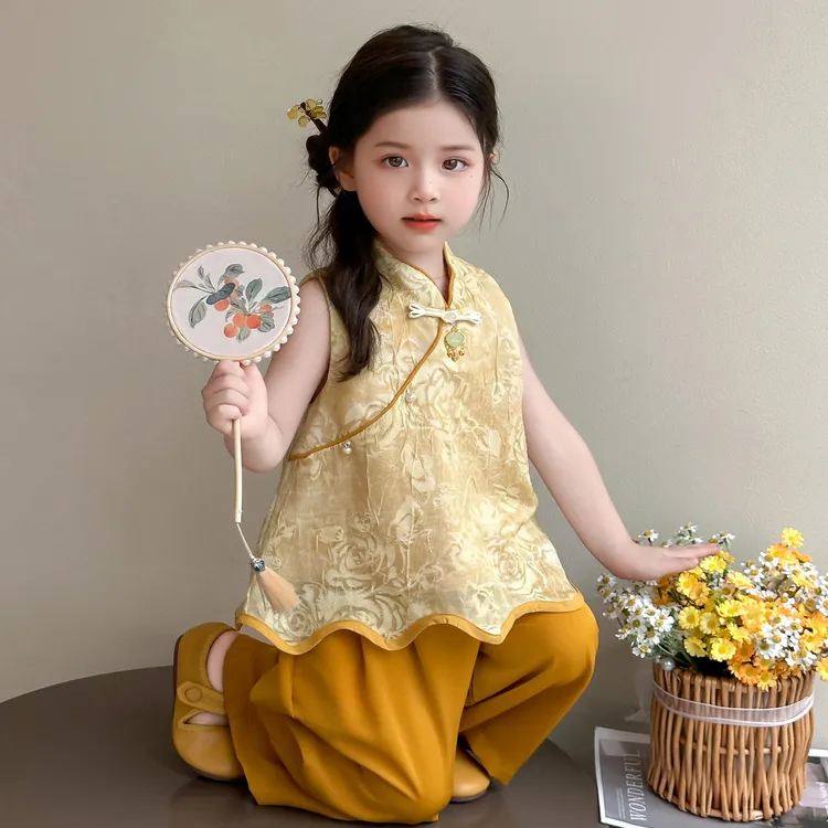女童夏款国风套装2025新款宝宝新中式薄款无袖上衣阔腿裤夏日唐装