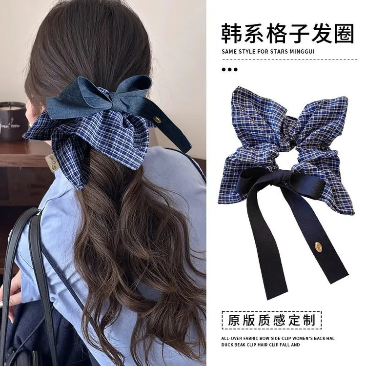 韩系蝴蝶结牛仔蓝色格子方巾大肠发圈女气质方形发饰头绳皮筋夏季