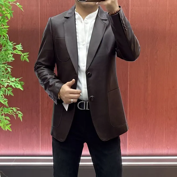 23029【杨会长名品男装】男士欧货简约轻奢•拱针工艺皮衣西服•酷