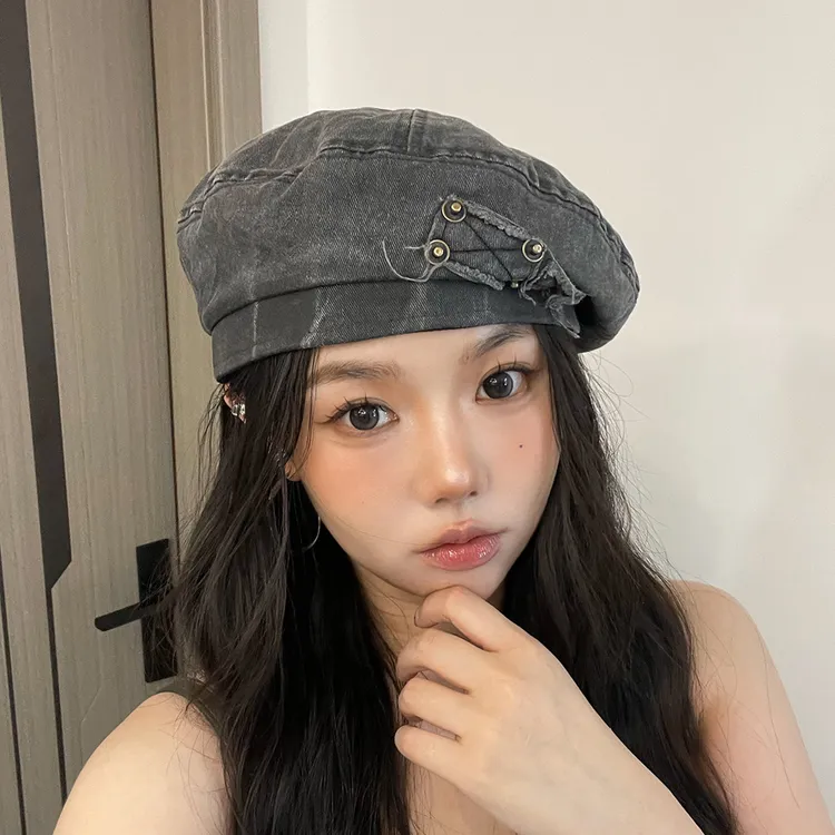 韩版做旧牛仔贝雷帽破洞铆钉街头辣妹风画家帽个性百搭甜酷显脸小