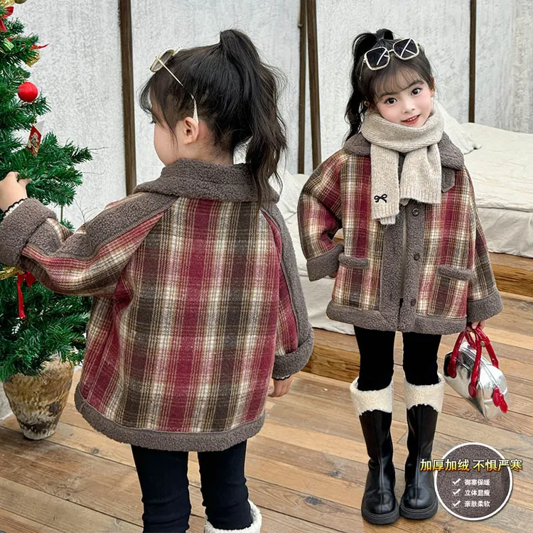 儿童秋冬加绒格子女普通外套女童格子外套韩版保暖加厚洋气外套