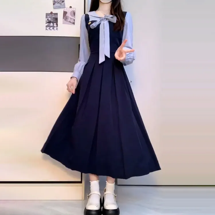 法式假两件蓝色长袖连衣裙子女2025早秋季新款学院风绝美气质长裙