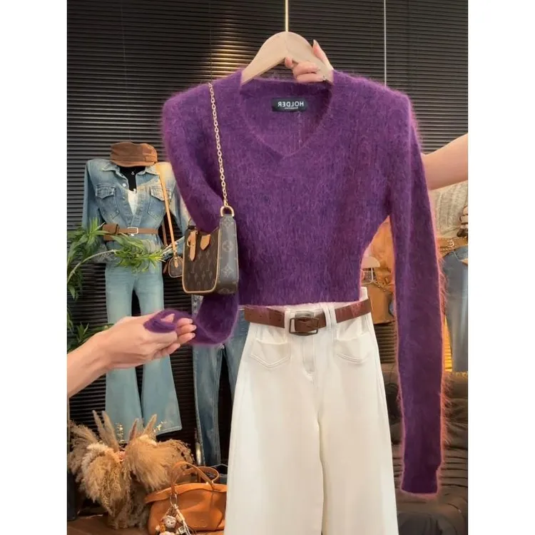 韩系软糯紫色v领套头毛衣女秋季新款小众设计感修身短款内搭上衣