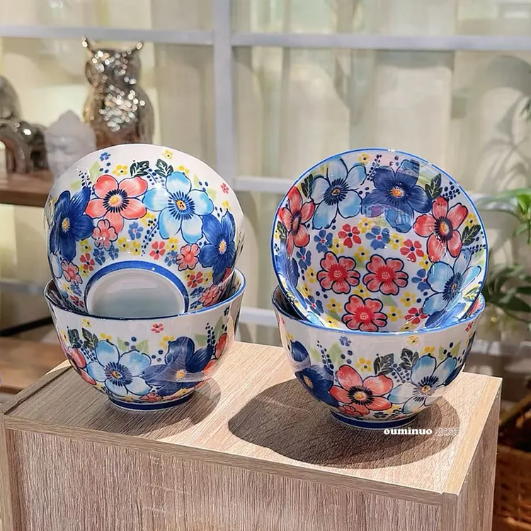 【盛夏时光】米饭碗4个装4.5寸米饭碗轻奢欧式波兰釉下彩陶瓷碗