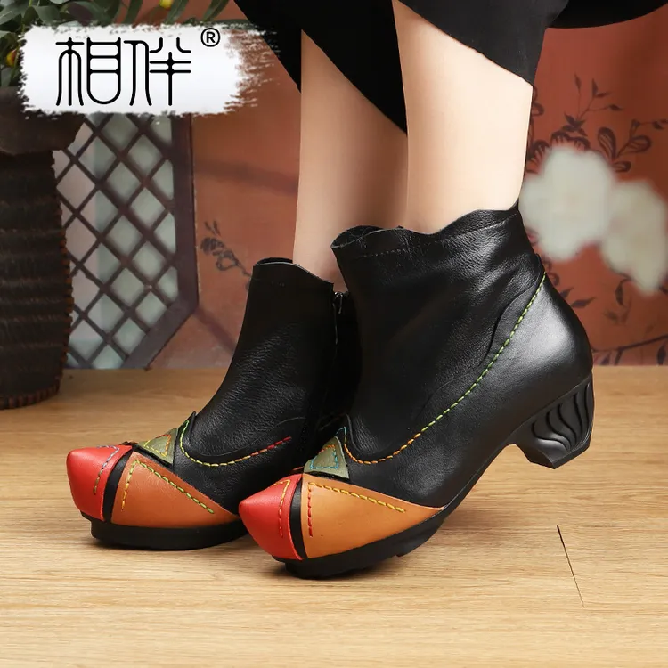 相伴真皮百搭秋冬踝靴国风中老年拼色粗跟百搭短靴53301