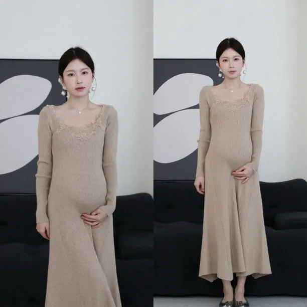 senenmu【香草奶盖】新款秋冬针织蕾丝拼接连衣裙孕妇装打底裙