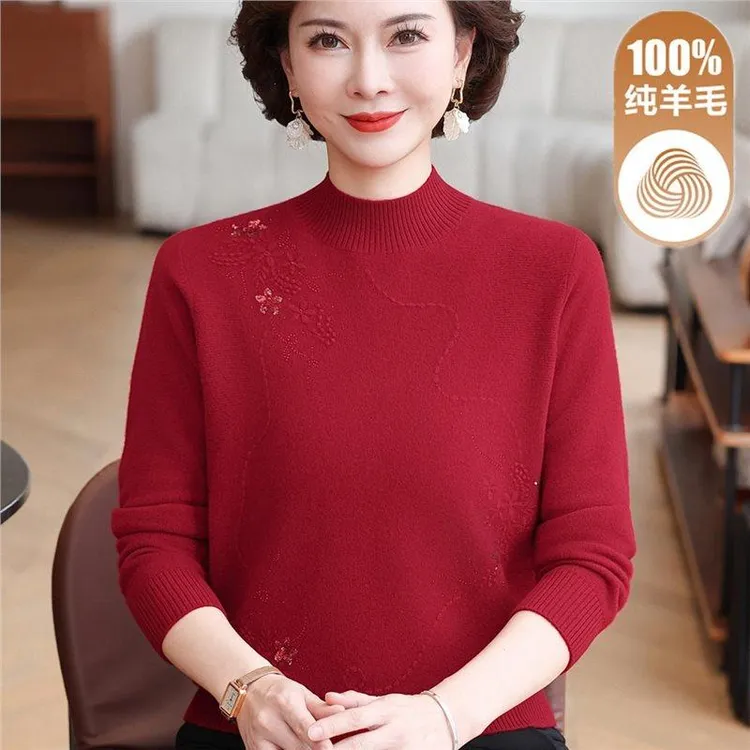 妈妈羊毛衫女100纯羊毛衫加厚打底衫中老年人秋冬毛衣本命年红色