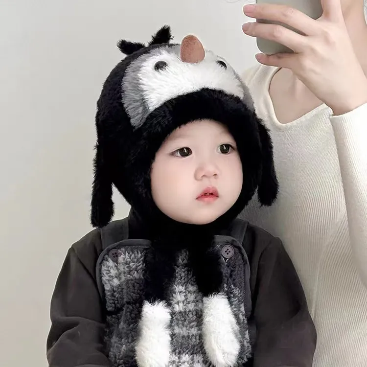 宝宝帽子冬季可爱卡通捏一捏会叫毛绒一体帽儿童保暖护耳帽男女童