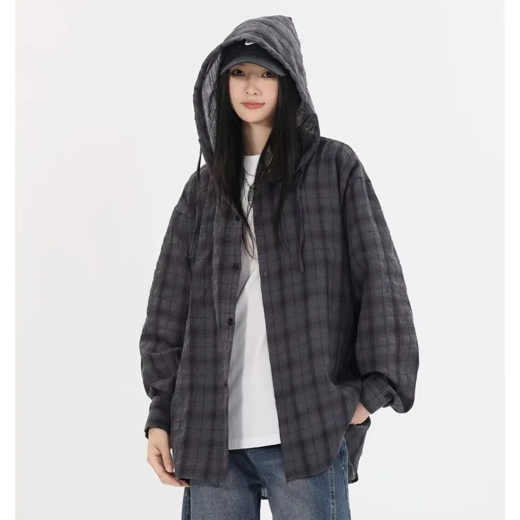 美式复古连帽格子衬衫男长袖潮牌情侣泡泡纱衬衣夏季薄款防晒外套