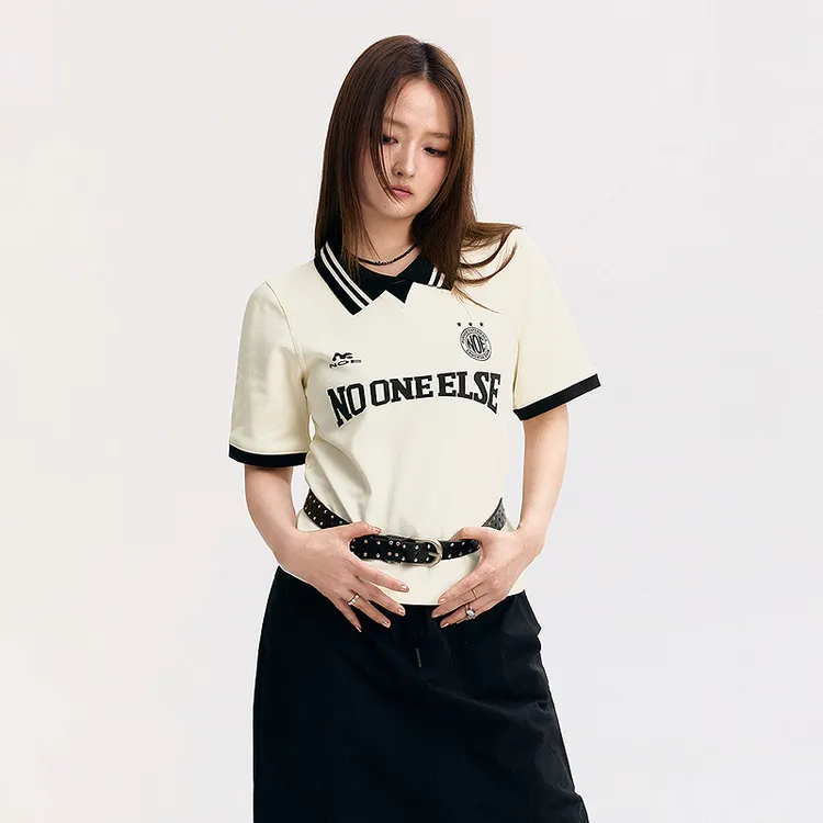 NO ONE ELSE美式复古女装夏季字母球衣休闲短袖POLO拼接翻领T恤