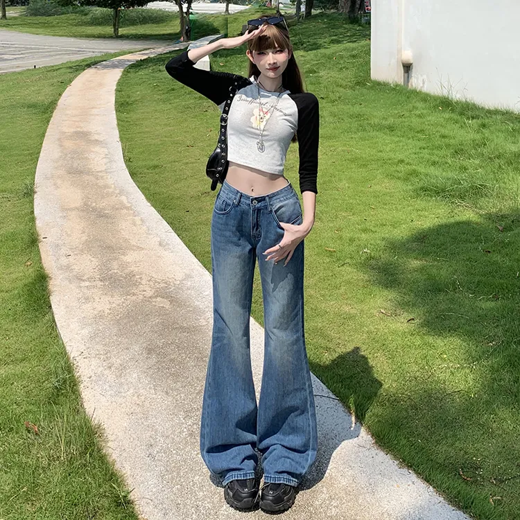 2025秋装#复古低腰微喇牛仔裤女新款深蓝色显瘦不贴腿拖地喇叭裤