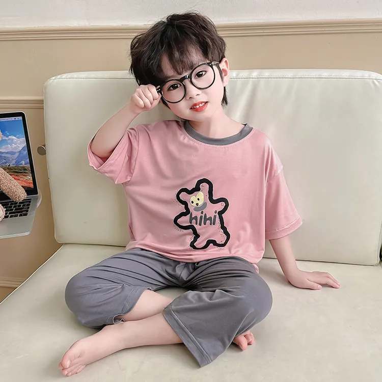 儿童睡衣男女童家居服套装莫代尔棉夏季空调服中小童短袖薄款套装