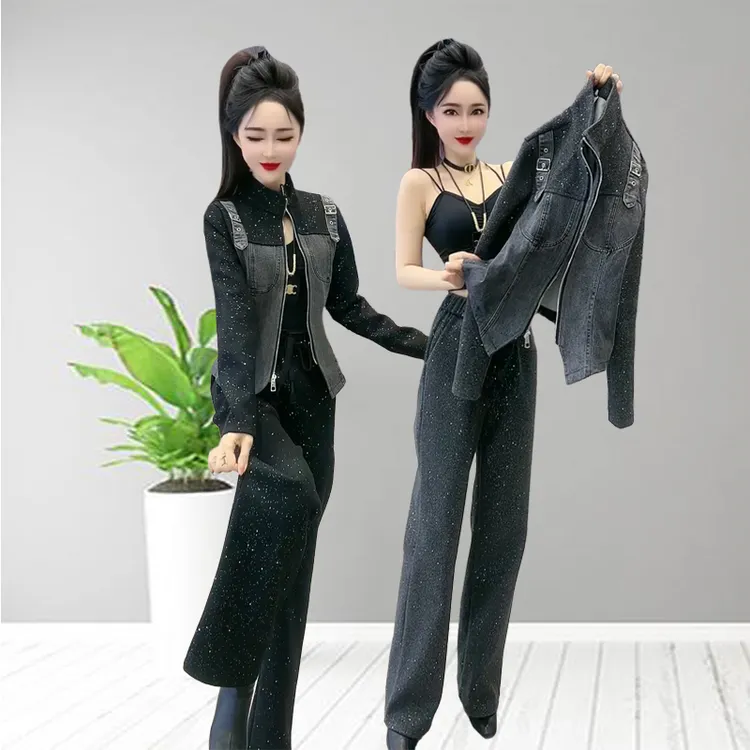 时尚洋气拼接套装67032春秋气质显瘦女士休闲修身百搭上衣+阔腿裤