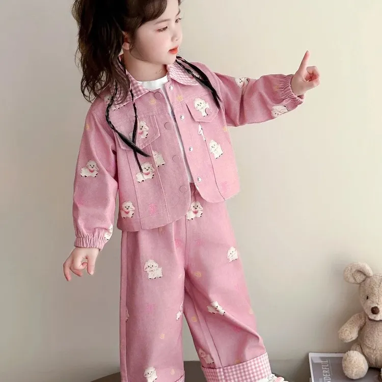 女童开学季休闲牛仔套装2025新款宝宝洋气外套春秋款直筒宽松裤子