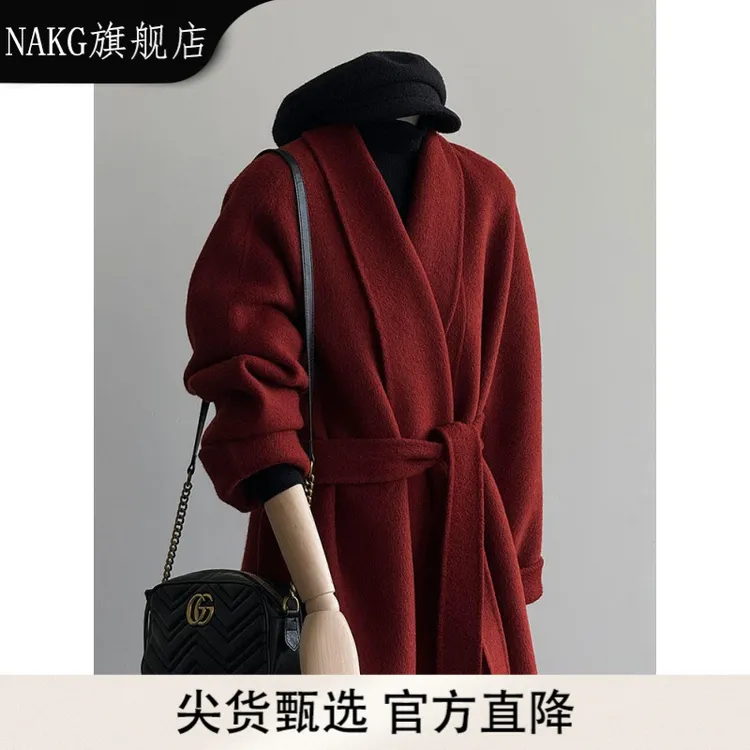NAKG红色双面绒大衣女秋冬季2025新款小个子气质高级感毛呢外套女