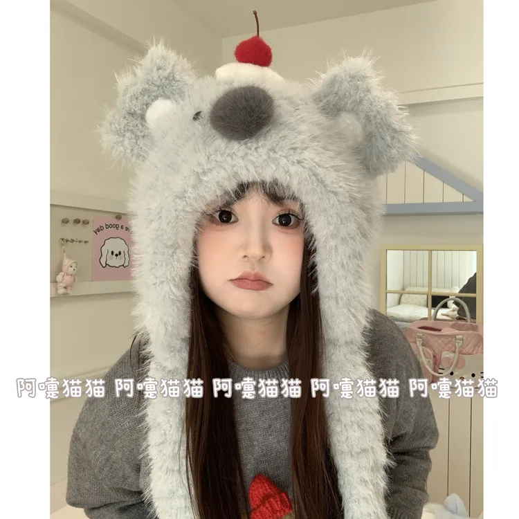 动耳考拉可爱帽子秋冬毛绒ins韩版灰色大头拍照抗风抗寒毛茸茸
