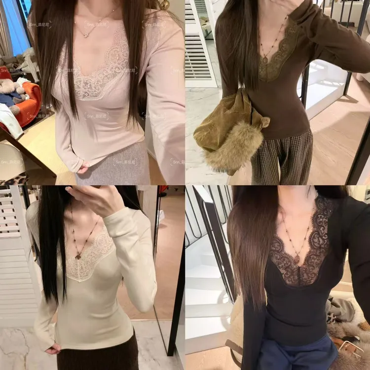 【薄绒内搭】很舒服很修身显瘦长袖蕾丝氛围感保暖打底衫上衣0023