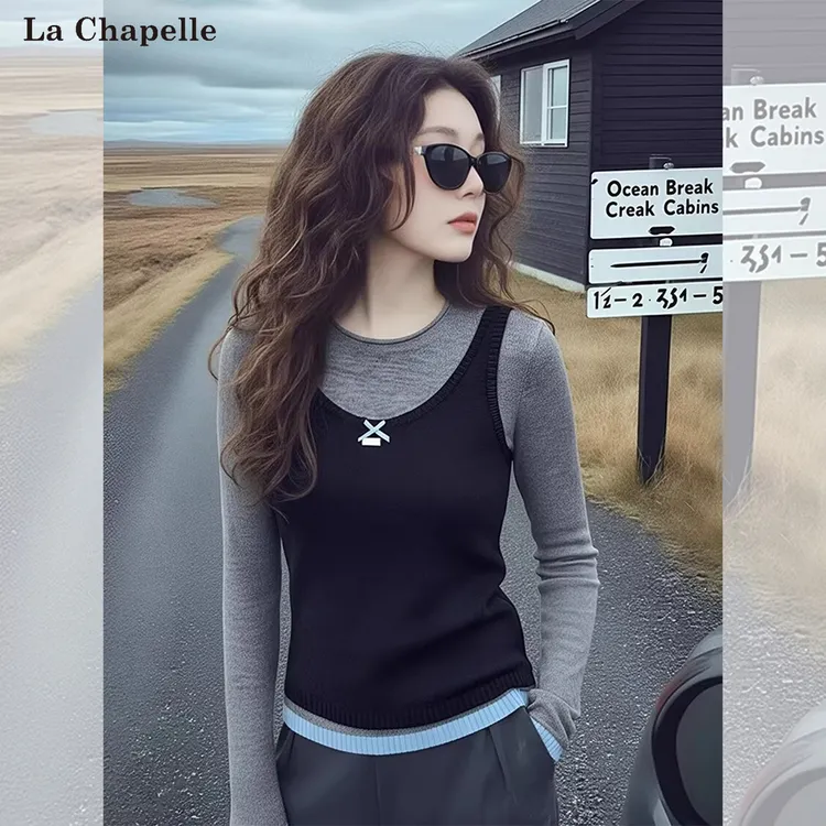 拉夏贝尔假两件撞色打底针织衫女秋冬新款时尚洋气修身显瘦内搭潮